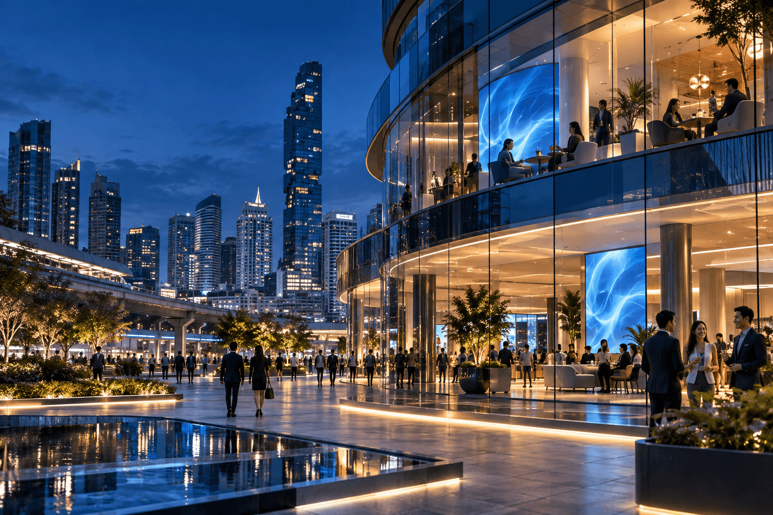 Building exterior with an LED facade at dusk (placeholder)