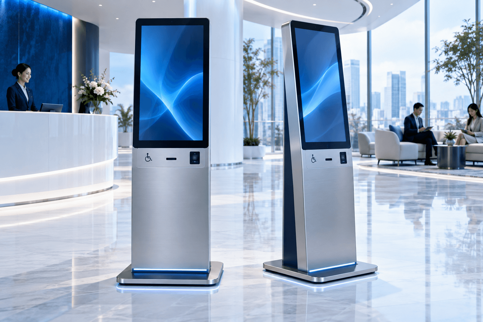 Two interactive kiosk devices side by side (placeholder)